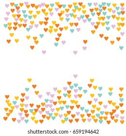 Vector hearts confetti. Orange and blue hearts flying, raising up or falling in the form of petals. St. Valentine, birthday, romantic background design elements. Love card, wedding, celebration banner