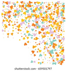 Vector hearts confetti. Orange and blue hearts flying, rising up or falling in the form of petals. St. Valentine, birthday, romantic background design elements. Love card, wedding, celebration banner