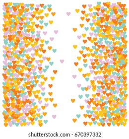 Vector hearts confetti. Pink and orange hearts flying, rising up or falling in the form of petals. St. Valentine, birthday, romantic background design elements. Love card, wedding, celebration banner