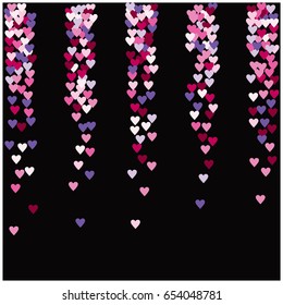 Vector hearts confetti. Pink and purple hearts flying like petals, arranged in stripes. St. Valentine, birthday, romantic background design elements. Love card, wedding, celebration banner, invitation