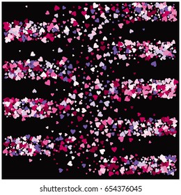 Vector hearts confetti. Pink and purple hearts flying like petals, arranged in stripes. St. Valentine, birthday, romantic background design elements. Love card, wedding, celebration banner, invitation