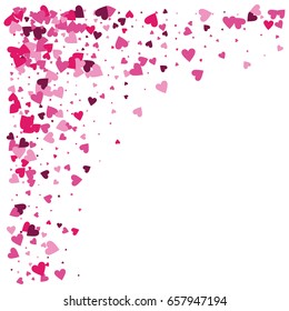 Vector hearts confetti. Pink and purple hearts flying like petals, arranged in stripes. St. Valentine, birthday, romantic background design elements. Love card, wedding, celebration banner, invitation