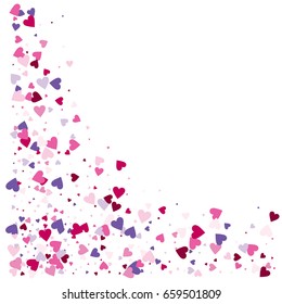 Vector hearts confetti. Pink and purple hearts flying like petals, arranged in stripes. St. Valentine, birthday, romantic background design elements. Love card, wedding, celebration banner, invitation