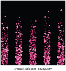 Vector hearts confetti. Pink and purple hearts flying like petals, arranged in stripes. St. Valentine, birthday, romantic background design elements. 