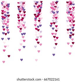 Vector hearts confetti. Pink and purple hearts flying like petals, arranged in stripes. St. Valentine, birthday, romantic background design elements. Love card, wedding, celebration banner, invitation