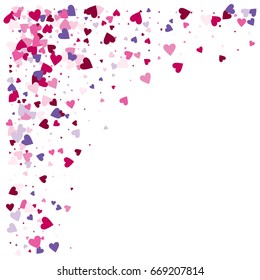 Vector hearts confetti. Pink and purple hearts flying like petals, arranged in stripes. St. Valentine, birthday, romantic background design elements. Love card, wedding, celebration banner, invitation