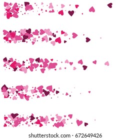 Vector hearts confetti. Pink and purple hearts flying like petals, arranged in stripes. St. Valentine, birthday, romantic background design elements. Love card, wedding, celebration banner, invitation