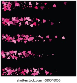 Vector hearts confetti. Pink and purple hearts flying like petals, arranged in stripes. St. Valentine, birthday, romantic background design elements. Love card, wedding, celebration banner, invitation