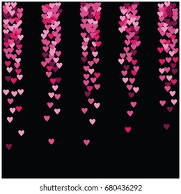 Vector hearts confetti. Pink and purple hearts flying like petals, arranged in stripes. St. Valentine, birthday, romantic background design elements. Love card, wedding, celebration banner, invitation