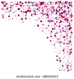 Vector hearts confetti. Pink and purple hearts flying like petals, arranged in stripes. St. Valentine, birthday, romantic background design elements. Love card, wedding, celebration banner, invitation