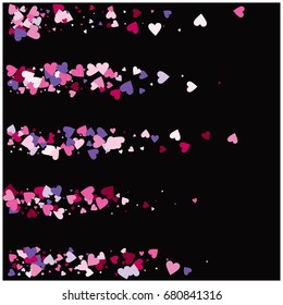 Vector hearts confetti. Pink and purple hearts flying like petals, arranged in stripes. St. Valentine, birthday, romantic background design elements. Love card, wedding, celebration banner, invitation