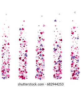 Vector hearts confetti. Pink and purple hearts flying like petals, arranged in stripes. St. Valentine, birthday, romantic background design elements. Love card, wedding, celebration banner, invitation