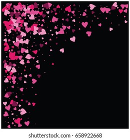 Vector hearts confetti. Pink, white, purple hearts flying, raising up or falling like petals. St. Valentine, birthday, romantic background. Love card, wedding, celebration banner, frame edge on black.