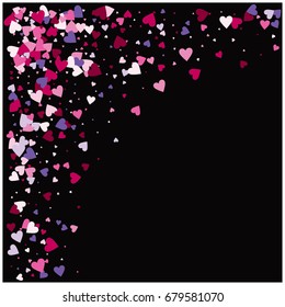 Vector hearts confetti. Pink, white, purple hearts flying, raising up or falling like petals. St. Valentine, birthday, romantic background. Love card, wedding, celebration banner, frame edge on black.