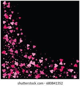 Vector hearts confetti. Pink, white, purple hearts flying, raising up or falling like petals. St. Valentine, birthday, romantic background. Love card, wedding, celebration banner, frame edge on black.