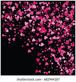 Vector hearts confetti. Pink, white, purple hearts flying, raising up or falling like petals. St. Valentine, birthday, romantic background. Love card, wedding, celebration banner, frame edge on black.