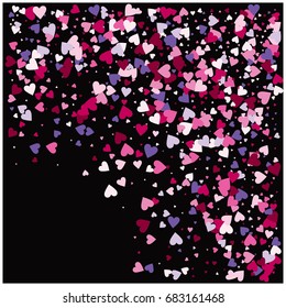 Vector hearts confetti. Pink, white, purple hearts flying, raising up or falling like petals. St. Valentine, birthday, romantic background. Love card, wedding, celebration banner, frame edge on black.