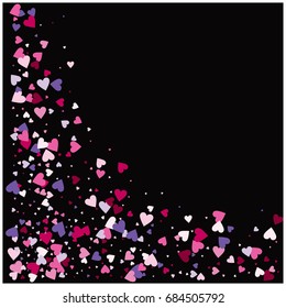 Vector hearts confetti. Pink, white, purple hearts flying, raising up or falling like petals. St. Valentine, birthday, romantic background. Love card, wedding, celebration banner, frame edge on black.