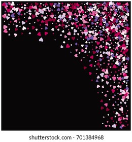 Vector hearts confetti. Pink, white, purple hearts flying, raising up or falling like petals. St. Valentine, birthday, romantic background. Love card, wedding, celebration banner, frame edge on black.
