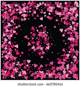 Vector hearts confetti. Simple round frame made of pink, purple hearts flying like petals on black. Love card, wedding, celebration banner. Valentine, birthday, romantic circular border design element