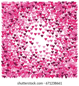 Vector hearts confetti. Simple round frame made of pink and purple hearts flying like petals on black. Love card, wedding, celebration banner. Valentine, birthday, romantic circular border on white