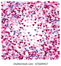 Vector hearts confetti. Simple round frame made of pink and purple hearts flying like petals on black. Love card, wedding, celebration banner. Valentine, birthday, romantic circular border on white