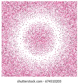 Vector hearts confetti. Simple round frame made of pink and purple hearts flying like petals on black. Love card, wedding, celebration banner. Valentine, birthday, romantic circular border on white