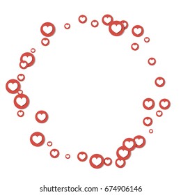 Vector hearts confetti. Simple round frame made of hearts in rounds flying like petals. Love card, wedding, celebration banner. Valentine, birthday, romantic circular border isolated on white.