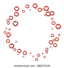 Vector hearts confetti. Simple round frame made of heart icons in rounds flying like petals. Love card, wedding, celebration banner. Valentine, birthday, social, romantic  border isolated on white.