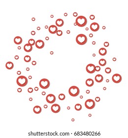 Vector hearts confetti. Simple round frame made of heart icons in rounds flying like petals. Love card, wedding, celebration banner. Valentine, birthday, romantic circular border isolated on white. 