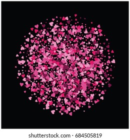 Vector hearts confetti. Simple round frame made of pink, purple hearts flying like petals on black. Love card, wedding, celebration banner. Valentine, birthday, romantic circular border design element
