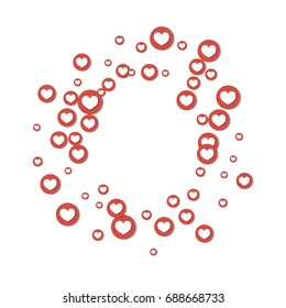 Vector hearts confetti. Simple round frame made of heart icons in rounds flying like petals. Love card, wedding, celebration banner. Valentine, birthday, romantic circular border isolated on white. 