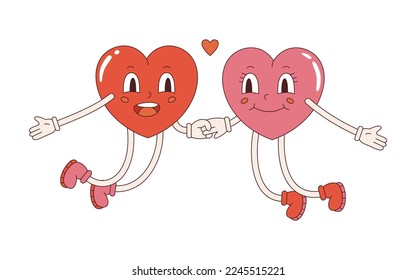 Vektorherzen paaren im Retro-Stil. Y2k rosa und rote Herzen Aufkleber. Alles Gute zum Valentinstag! Liebe Illustration im flachen Design. Zwei 70er glücklich springende Herzen.