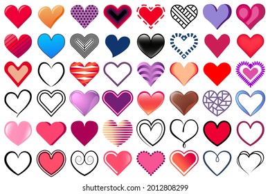Vector hearts. Decorative heart symbol set. Colorful different hearts decorations for your design project as cards, postcards, Valentine cards, banners, flyers,