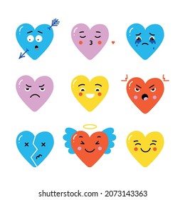 Vector hearts with different face emotions. Cute cartoon characters for valentines day. Collection of comic elements in trendy cartoon style.