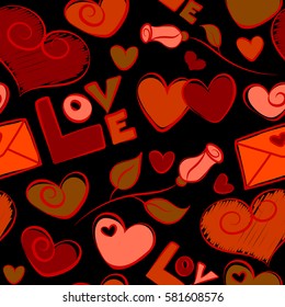 Vector hearts doodle pattern, Valentines day seamless background, hand drawn hearts, love text and letters in orange and red colors on a black. Love wrapping design, romantic wedding endless ornament.