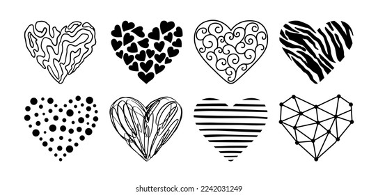 Vector Hearts Doodle Set. Love Symbol Collection Isolated on white. Valentines Sketch Graphic Shapes.