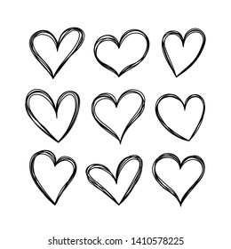 Vector hearts in doodle style. Set of hearts isolated on white background.