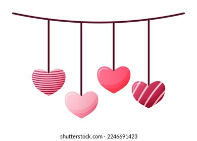 Vector hearts flag garland isolated on white background. Valentines day romantic decoration cartoon style