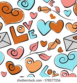 Vector hearts, flower, love letter and love text on a white background. Pattern with hearts. Valentines Day background in pink, orange and yellow colors.