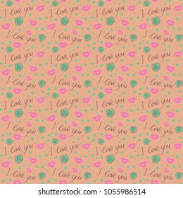 Vector hearts, flower and love seamless pattern in beige and pink colors. Vector doodle illustration. Holiday background.