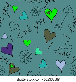 Vector hearts, flower and love seamless pattern in green, violet and blue colors. Vector doodle illustration. Holiday background.