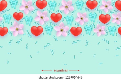 Vector hearts and flowers seamless pattern background with confetti. Cute romantic wallpaper for valentines day holiday, wedding or marriage greeting card design, dating invitation backdrop.