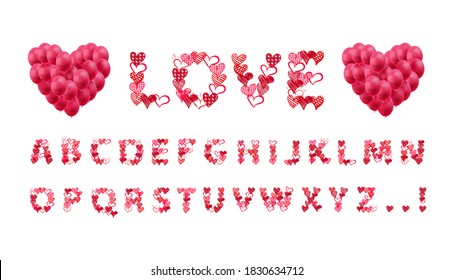 Police de Coeurs Vectoriels Isolés sur Fond Blanc, Ballons En Forme De Coeur 3D et Ensemble De Type Dessiné À La Main Par Doodle, Couleur Rouge Clair, Célébration de la Saint-Valentin, Police De Mariage.