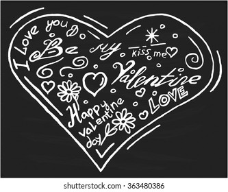 Vector hearts, frame of doodles. Happy Valentine's Day.Simple black and white illustration in childish hand drawn sketch style