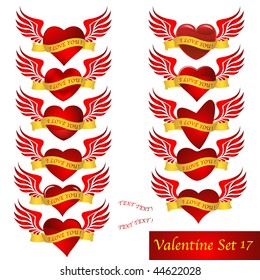 Vector Hearts with GOLD banner and RED Wing isolated on white