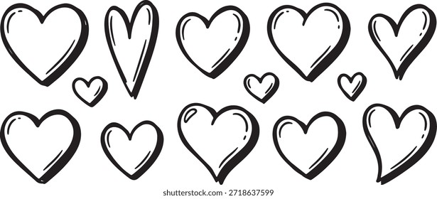 Corazones de Vector Corazones de garabato dibujados a mano Corazón Grande Corazón Pequeño Corazón Mediano Contorno negro Linda ilustración de amor