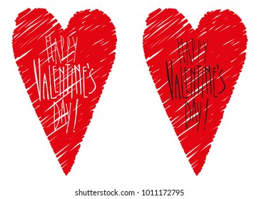 Vector hearts with hand-drawing congratulatory text of Valentine`s Day. 
