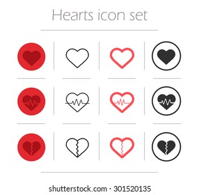 Vector hearts icon set. Color, linear and silhouette heart shape symbols isolated on white