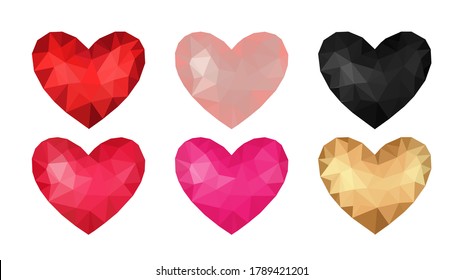 Iconos de corazones vectores establecidos. Ilustración vectorial 3D.Colección vectorial de corazones poligonales sobre fondo blanco
